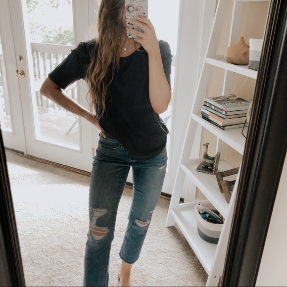 LOFT Tops - Loft Muted Blue Crochet Shoulder Short Sleeve Tee